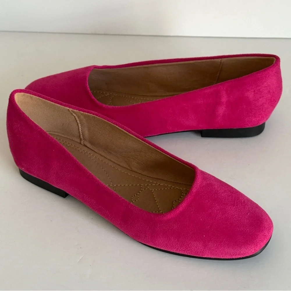 Ximuyuan Women's Pink Square Toe Faux Suede Women's Ballet Flats Size 7